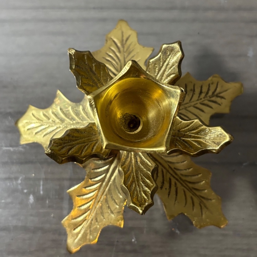 Vintage Solid Brass‎ Holly Leaf Poinsettia Chamber Candle Holder